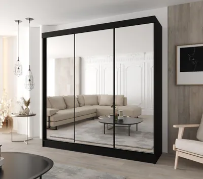 Produktbild von Moderner 3-türiger Schwebetürenschrank 150 × 205 cm – Schwarz mit 3 Spiegeln und 4 Schubladen für Schlafzimmer & Flur