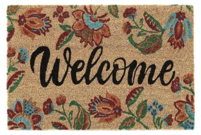 Image de Tapis d'entrée Relaxdays en fibre de coco, motif floral, inscription « Welcome », 40 x 60 cm, pour l'intérieur et l'extérieur, antidérapant, résistant aux intempéries, coloré