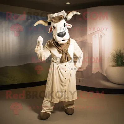 Produktbild von Beigefarbenes REDBROKOLY Zebu Maskottchen kostüm bekleidet mit Mantel und Krawatte
