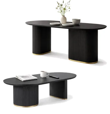 Produktbild von HOOZ® Couchtisch & Esstisch Set Oval Modern – 130x70 cm & 180x90 cm – 4 cm Holzplatte – Säulenfuß Design – Tisch für 6–8 Personen – Schwarz