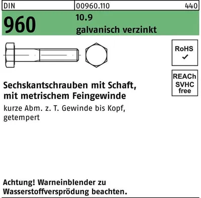 Produktbild von Reyher  Sechskantschrauben DIN 960 10.9 M 10x1x45 vz A2F, (100 Stück)