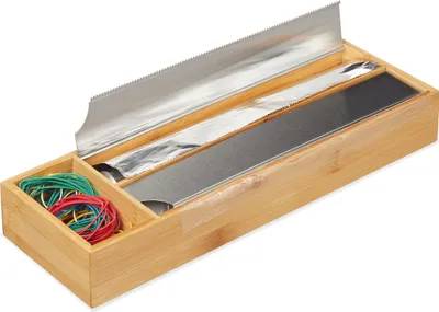 Produktbild von Relaxdays Folienspender für Schublade, für Alufolie & Frischhaltefolie, Bambus & Edelstahl, HBT: 5,5x39,5x13cm, natur