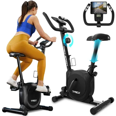 A woman is using a stationary exercise bike, with additional images showing features of the bike.