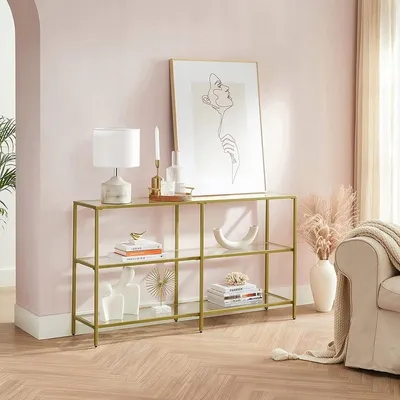 Zdjęcie produktu dla Stolik konsola szklana złota rama 130 cm półki 24h