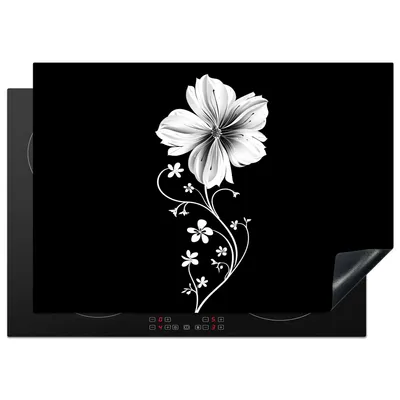 Produktbild von KitchenYeah© Herdabdeckplatte Blume - Schwarz - Weiß , 75x52cm, Küche Deko, Glaskeramikkochfeld Herdabdeckung, Abdeckplatte fùr Kochfeld