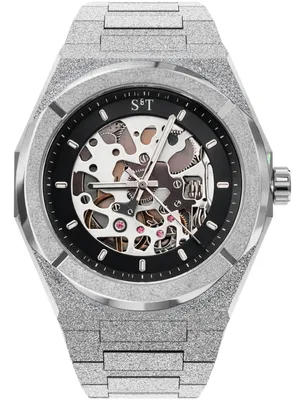 Produktbild von S&T DESIGN Quarzuhr Frosted Uhr Armbanduhr Herrenuhr Skelettuhr TIME SPACE SKELETT (Packung, inkl. Uhrenbox), Quarzwerk 42mm Leuchtzeiger Skeletton