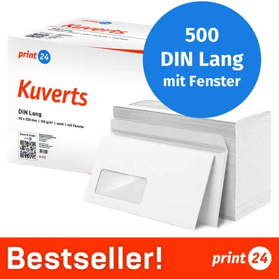 Produktbild von : print24 Briefumschläge mit Fenster, DIN Lang, unbedruckt, 500 Stück