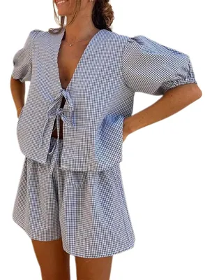 Produktbild von Solidchoice – Damen-Pyjama-Set mit kurzen Ärmeln und Gürtel – Bequemer Schlafanzug mit Karomuster