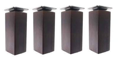 Four wooden furniture legs with metal mounting plates are shown against a white background.
