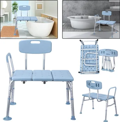 A collage of images showing a blue shower chair with a backrest and armrests, in various settings and folded states.