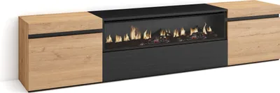 A modern TV cabinet with a built-in electric fireplace, presented against a white background.