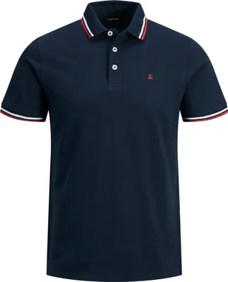 A navy blue polo shirt with red and white trim on the collar and sleeves.