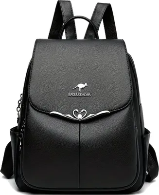 A black leather backpack with a silver kangaroo logo and decorative metal accents.