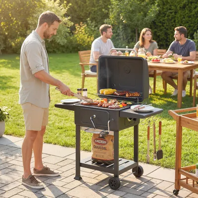 Produktbild von Holzkohlegrill mit Deckel & Thermometer, BBQ Smoker, höhenverstellbare Kohlepfanne, Schwarz | 112×65×115 cm | 0,23 m² Grillfläche