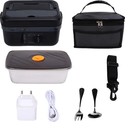 Obrázok produktu pre Elektrický obedový box 1L z nehrdzavejúcej ocele USB Tichý rýchly ohrev potravín Prenosný obedový ohrievač s vidličkou lyžicou pre auto Truck Office Black Grey