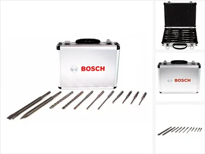 A set of Bosch drill bits and chisels in a silver case, displayed on a white background.