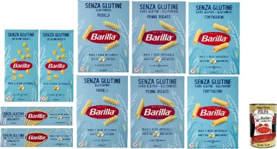 Produktbild von Barilla Glutenfrei Pasta Mix – 10 x 400 g (4 kg): Fusilli, Penne Rigate, Tortiglioni, Spaghetti & Ditalini | Mais & Vollkornreis, vegan, al dente 9–11 Min. + Italian Gourmet polpa