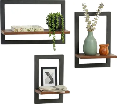 Productafbeelding van Wandrek - Delig - Metaal & MDF - 3 maten - Zwevend rek voor fotolijsten & decoratie - Industrieel - Bruin - Zwart