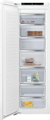An open white upright freezer with multiple transparent drawers, some containing food items.