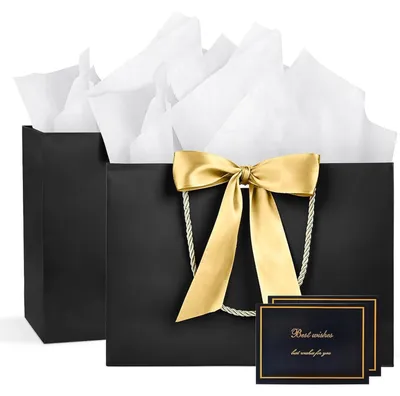 Productafbeelding van Twee cadeautasjes: papieren tasjes met linten, 2 wenskaarten, 4 zakdoekjes, boodschappentassen, bodenzakken, zwart