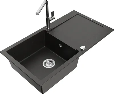Produktbild von Mexen Leo 1 Becken-Granitspüle mit Abtropffläche und Mischbatterie Flora, Schwarz/Gold metallisch - 6501-75-670401-00