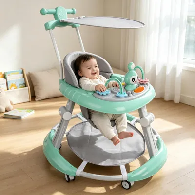 Produktbild von 4in1 Lauflernhilfe Babywalker Spiel- und Lauflernwagen Gehfrei Babywippe mit Musik,Spielecenter,Markise, Klappbar Laufhilfe babys ab 6 Monaten Grün