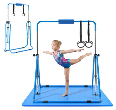 Produktbild von VEVOR Gymnastikstange für Kinder mit 63,5 kg Tragkraft, Klappbares Turnreck mit Matte, Höhenverstellbare Turnstange für Indoor- und Outdoor-Training, Heimtrainingsgerät für Kinderturnen zu Hause, Blau