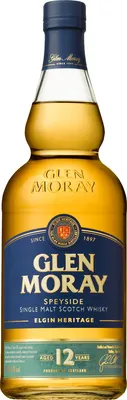 A bottle of Glen Moray Single Malt Scotch Whisky.