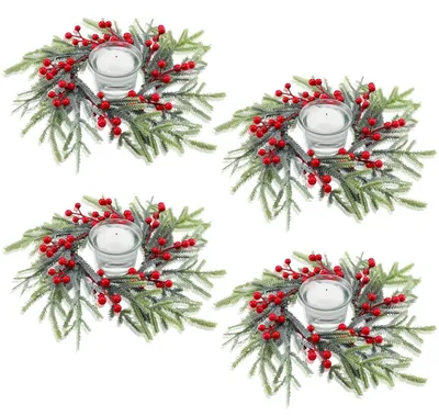 4er-Set Kerzenringe 21 cm mit roten Beeren und Tannennadeln
