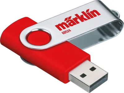 A red and silver USB flash drive with the Märklin logo and product number printed on it.