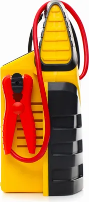 A close-up studio shot of a yellow and black jump starter device with red jumper cables.