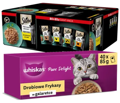 Produktbild von Whiskas Geflügel Leckerbissen 40x85g + Sheba Delikatesse in Gelee 80x85g