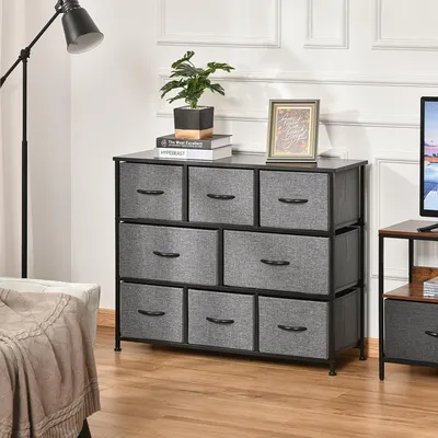 Produktbild von Kommode mit 8 Stoffschubladen, Schubladenschrank faltbar Metallrahmen MDF, Dunkelgrau | 100 x 30 x 78,5 cm | 8 Schubladen | Kippschutz