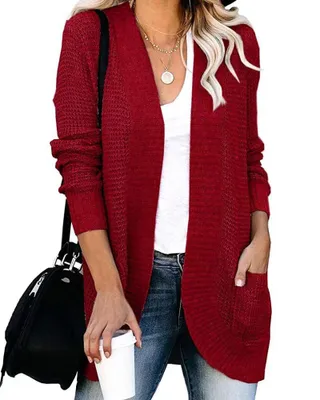Produktbild von ASKSA Damen lässig Langarm Strickpullover lässigStrickjacke Casual Weicher, Weinrot L