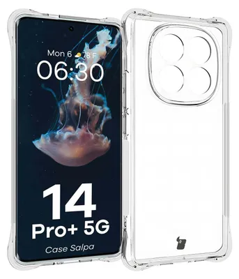 A clear product shot of a transparent phone case, with a phone inside displaying a jellyfish wallpaper and time.
