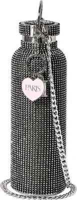 Image de Paris Hilton Bouteille d'eau noire scintillante, 750ml avec corps en acier inoxydable et strass Bouteille d'eau avec pendentif en métal et chaîne de transport amovible, idéale pour les déplacements
