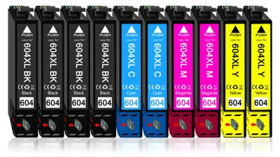 A collection of ink cartridges lined up against a white background.