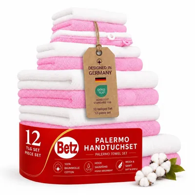 Produktbild von Betz 12-TLG. Handtuch-Set Palermo 100% Baumwolle 2 Liegetücher 4 Handtücher 2 Gästetücher 2 Seiftücher 2 Waschhandschuhe Farbe rosé und weiß