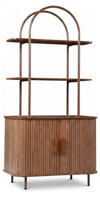 Produktbild von SensaHome Japandi Bücherregal – Bogenförmiger Fachschrank mit Schiebetüren und offenen Fächern – 78x50x160 cm – Walnuss