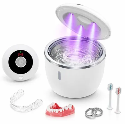 Produktbild von Ultraschallreiniger für Zahnspangen, Prothesen, Retainer, 200ml, UV‑Desinfektion, 4‑Modi, 304‑Edelstahl‑Innenbehälter, 100‑240V, Schwarz