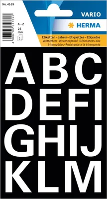 Produktbild von HERMA 4169 Buchstaben Aufkleber Weiß, 30 Stück, Schriftgröße 25 mm, selbstklebend, wasserfest, wetterfest, groß, Alphabet Sticker Klebebuchstaben A-Z aus Folie zum Aufkleben, transparent