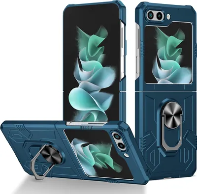 Image de Etui pour Samsung Galaxy Z Flip 5, étui robuste en PC dur, antichoc avec porte-anneau et support Bleu foncé