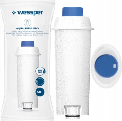 A product shot of a water filter cartridge and its packaging, with a separate view of the filter cap.