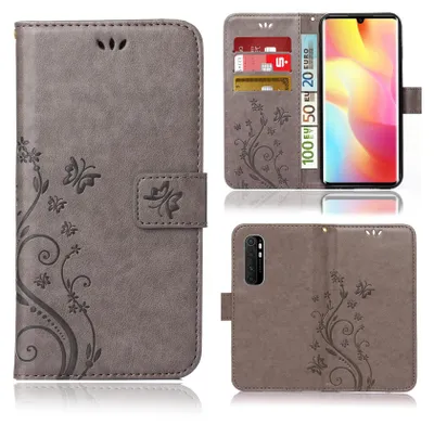 Produktbild von Handy Tasche für Xiaomi Mi Note 10 Lite Schutz Hülle Handyhülle mit Blumenmuster Klapp Hülle mit Standfunktion und Kartenfächer Farbe: Grau