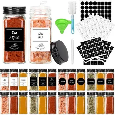 Produktbild von Unyqoos® 24er Set Gewürzgläser 120 ml – klare Glasbehälter mit schwarzen Metall‑Deckeln, luftdicht, inkl. Etiketten & Streueinsätze