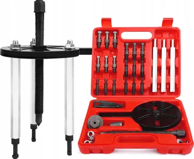 A tool kit for removing bearings and gears, displayed with its case.