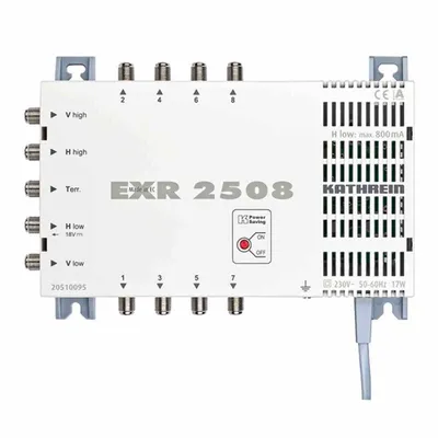 A white satellite multi-switch device with various input and output connectors and labels.