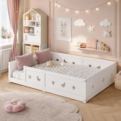 Zdjęcie produktu dla Łóżko dziecięce INONEFT, rozmiar 140x200 cm, z barierami ochronnymi, z żebrowanym stelażem, rama łóżka Montessori z litego drewna sosnowego, biała, bez materaca