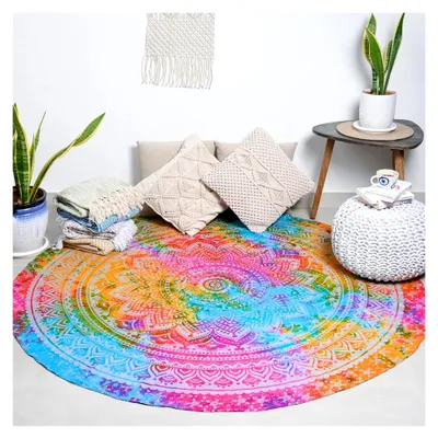 Produktbild von Buntes Mandala Ombre Wandteppich Chakra Wandbehang Boho Hippie Tischdecke aus reiner Baumwolle Strandüberwurf für Picknick und Camping 48 Zoll