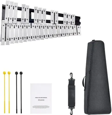 Productafbeelding van Glockenspiel-set met 32 tonen, een percussie-instrument met slagen, drumstokken en een transportkoffer, een veelzijdig set voor volwassenen en studenten